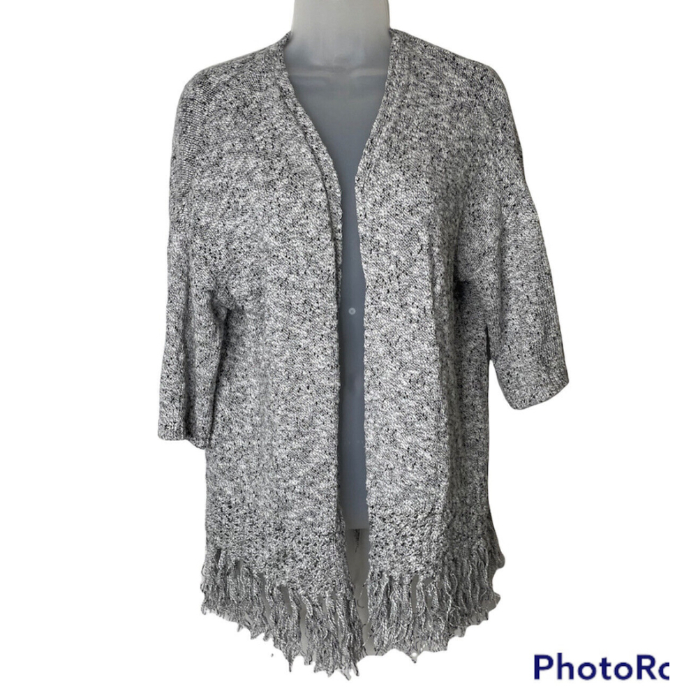 Ann Taylor Loft Gray Open Cardigan Sweater Marled‎ Fringe Short Sleeve Longline